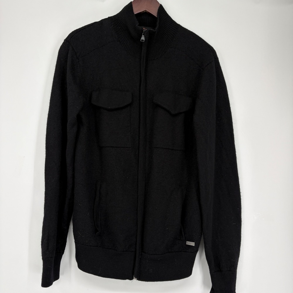 Ben Sherman Mens Black Wool Blend Full Zip Mock Neck Knit Jacket Large